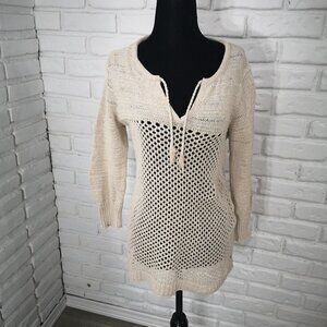 Eddie Bauer Ladies Size Medium Tan Mesh V-neck Knit Sweater